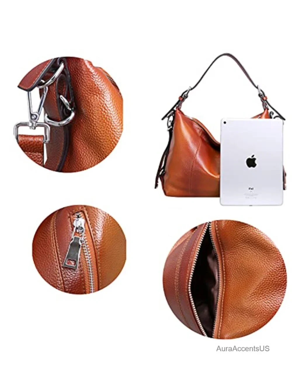 HESHE Top-Layer Cowhide Leather Hobo Shoulder Bag with Adjustable Strap